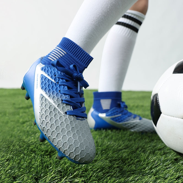 Boys & Girls High Top Youth Football Cleats - BLUE WHITE GREY - 4